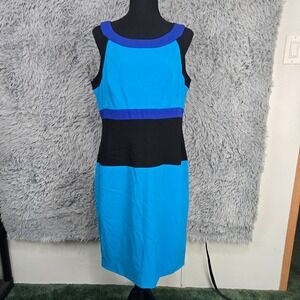 Calvin Klein Colorblock Sheath Dress Womens 12 Blue Black Sleeveless Career Knee